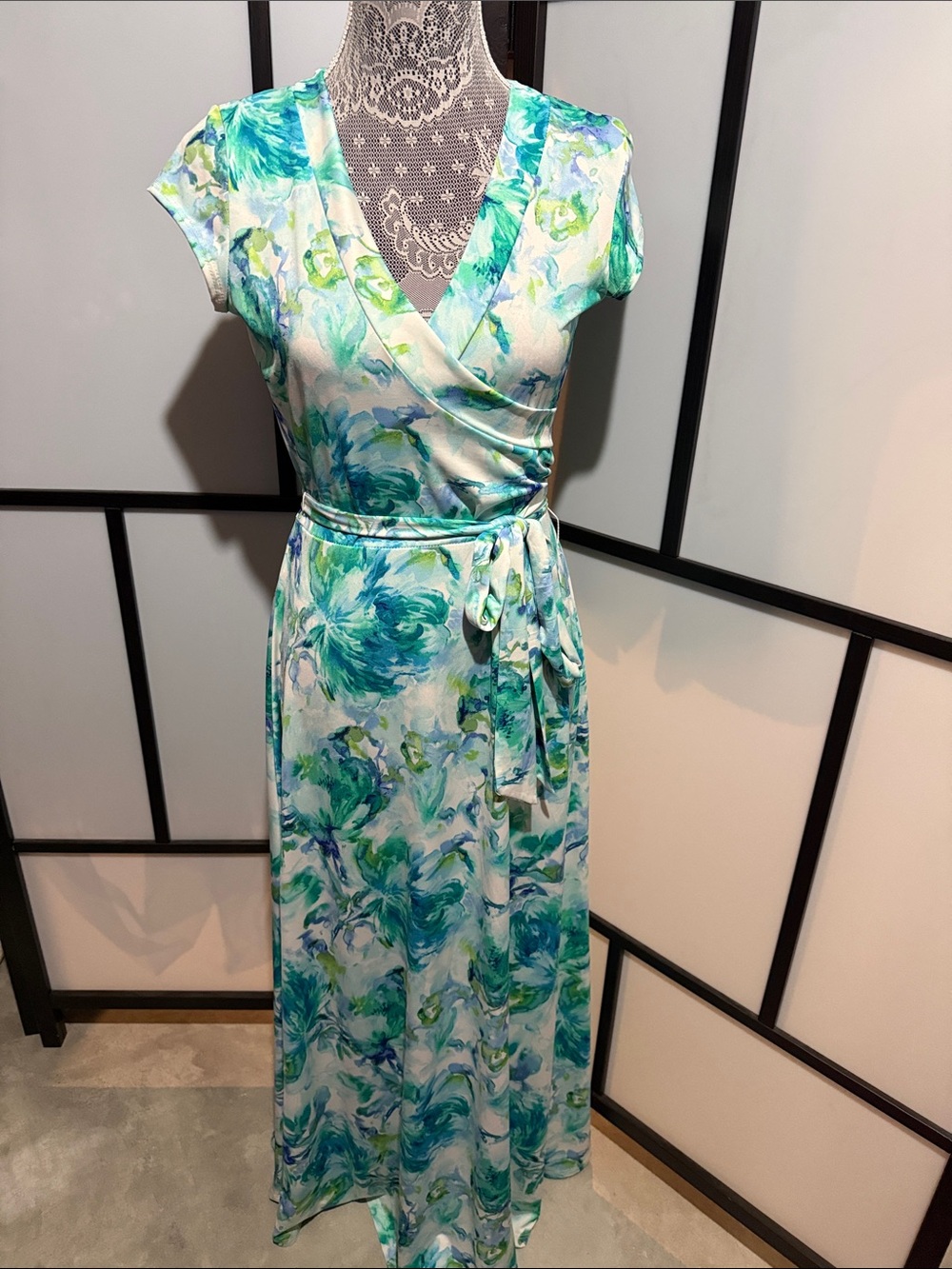 Olivia Matthews Aqua, Teal & White Floral Wrap Maxi Dress